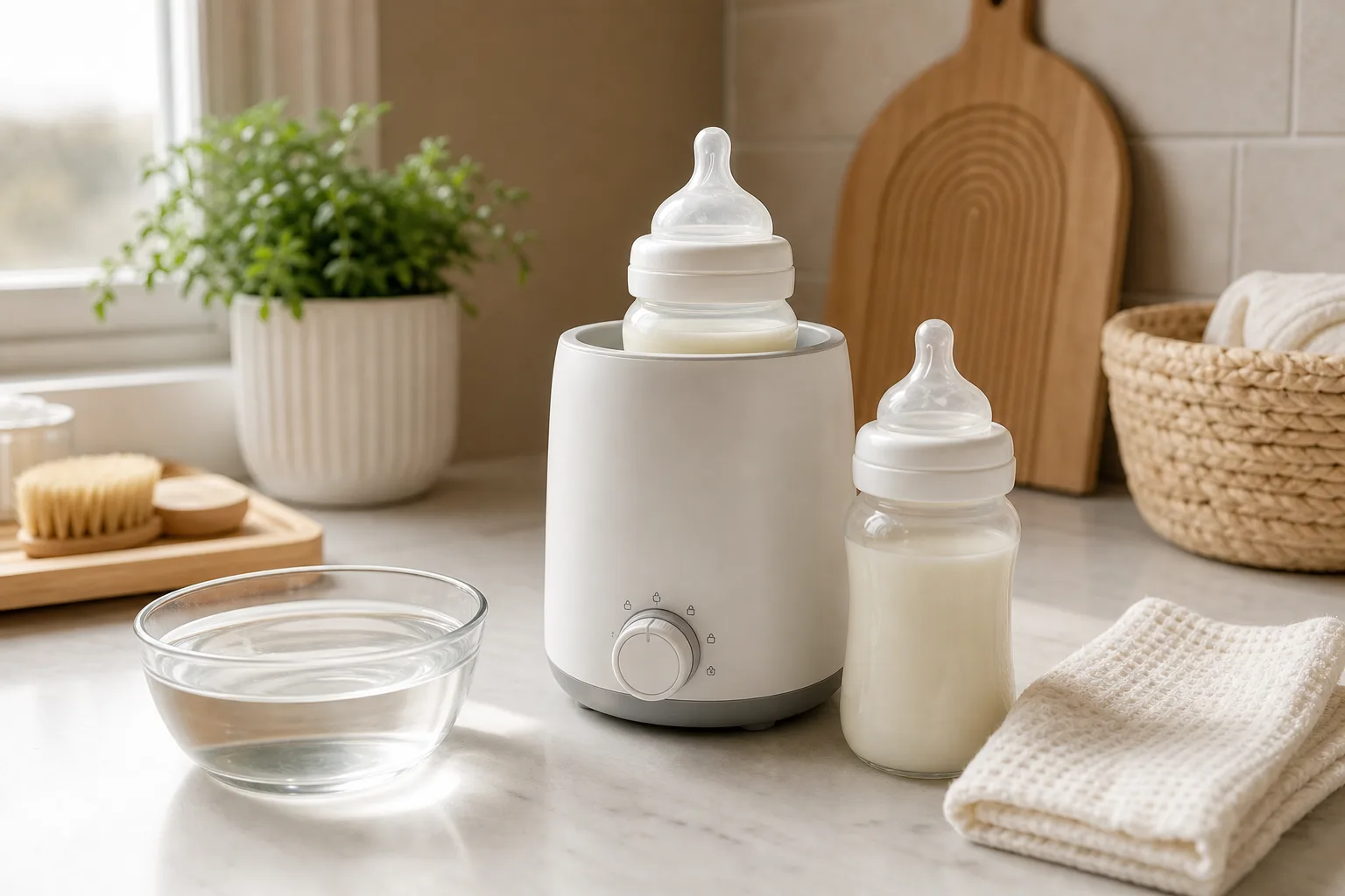 Unbranded baby bottle warmer on a kitchen counter