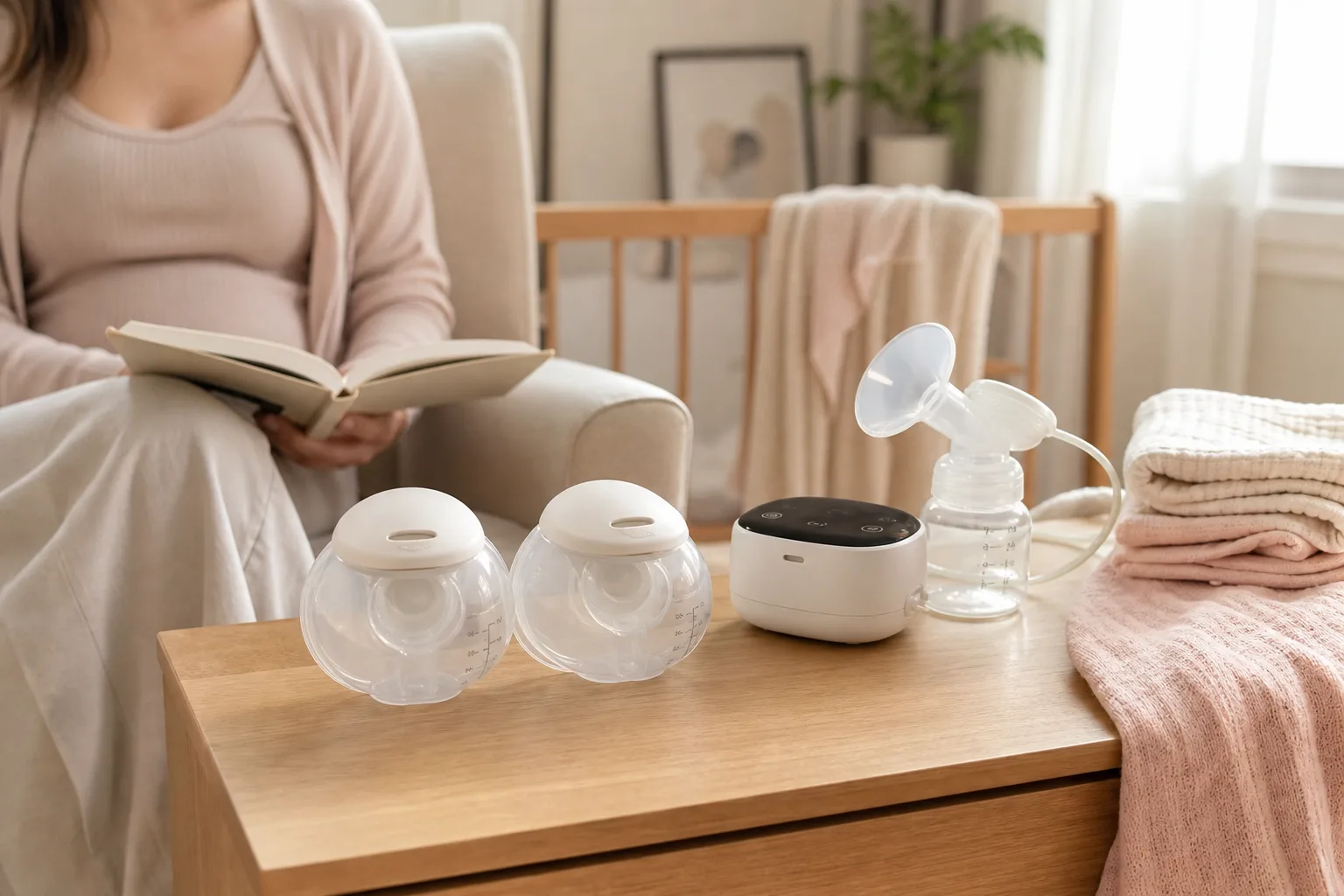 Unbranded breast pump setup in a nursery