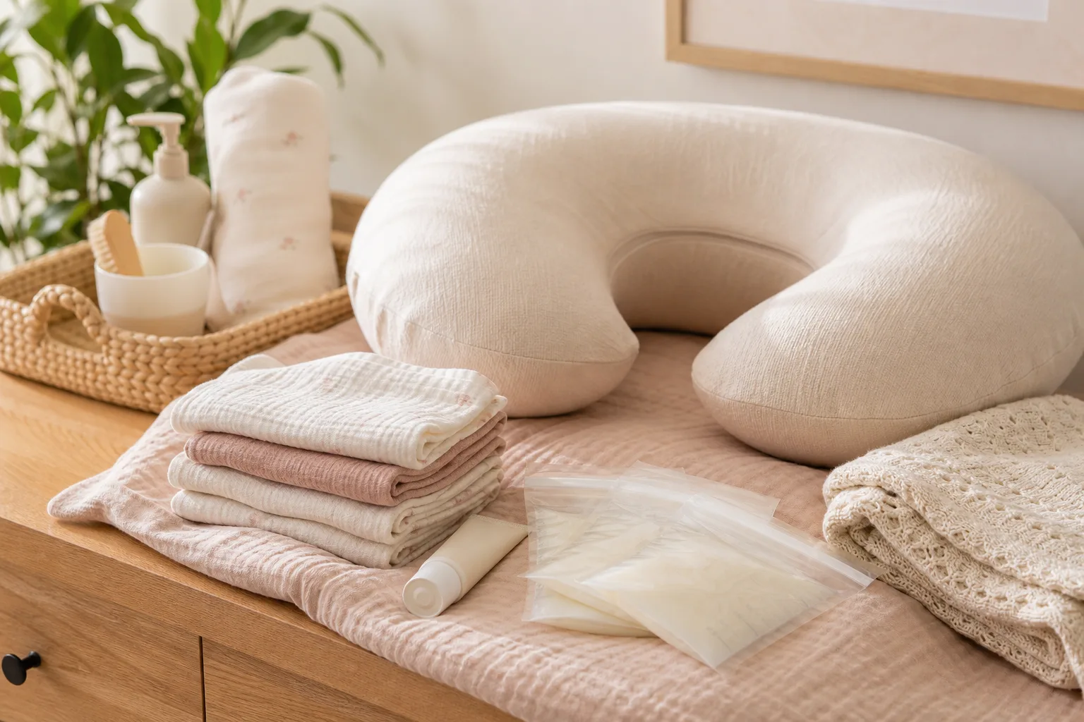 Breastfeeding essentials arranged on a nursery dresser