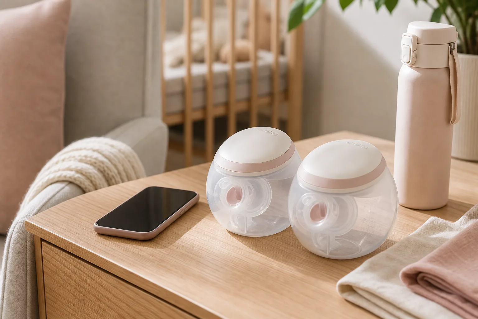 Unbranded wearable breast pump cups on a nursery table