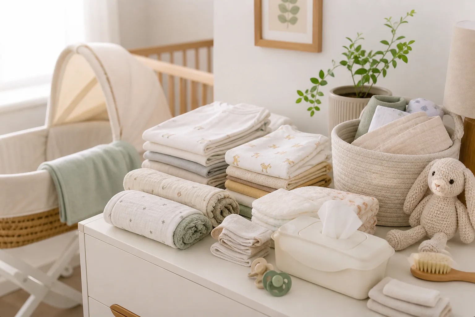 Newborn essentials arranged in a bright nursery